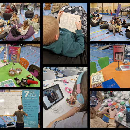 Collage af billeder fra læsemaraton med børn der sidder og læser