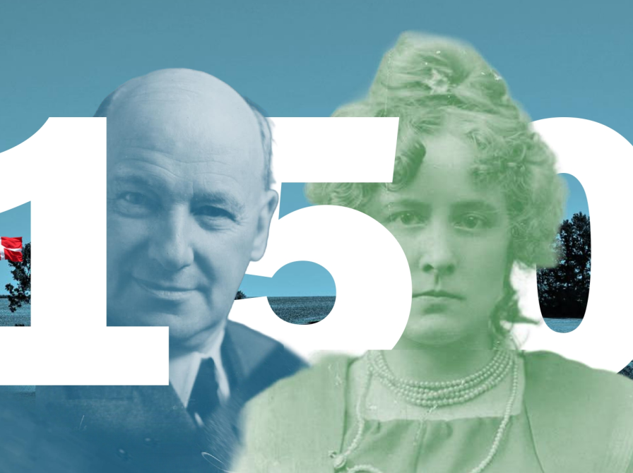 Billedkollage i blå og grønne nuancer, med tallet 150 og portrætter af Morten Korch og Thit Jensen flettet ind imellem tallene. I baggrunden et Dannebrog i en flagstang. 